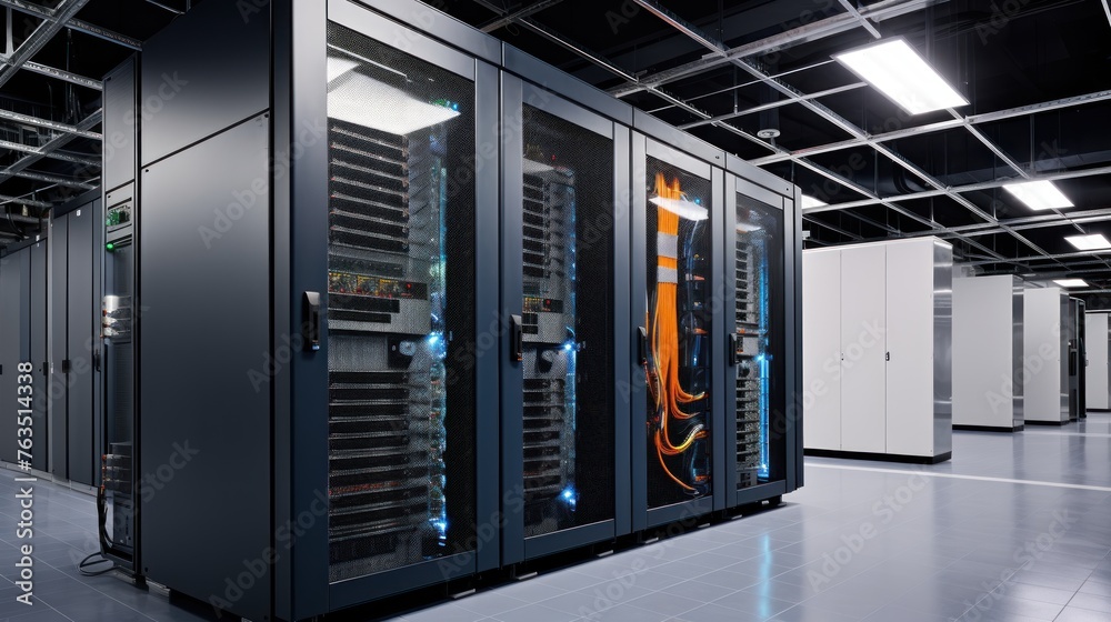 Depict a state of the art data center with rows of server racks, cooling systems, and redundant power supplies Depict a state of the art data center with rows of server racks, cooling systems, and redundant power supplies