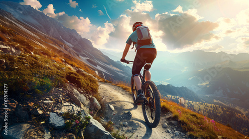 A man is riding a sportive e-bike up a steep mountainous dirt road