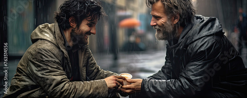 Man helping of giving money to homeless beggar sitting in road city