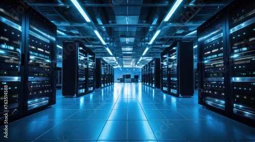 Depict a state of the art data center with rows of server racks, cooling systems, and redundant power supplies