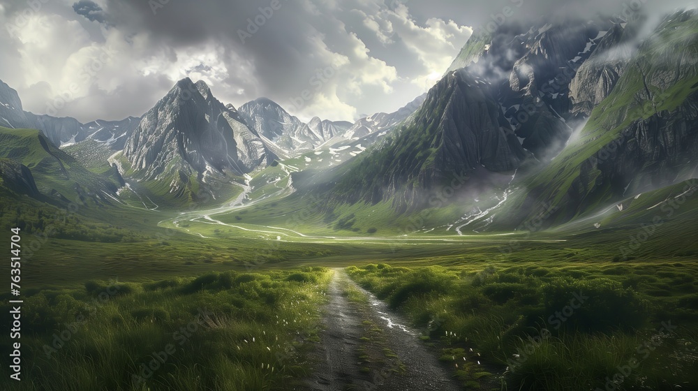 Fototapeta premium The road leads to the green mountains background