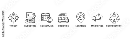 Event management banner web icon vector illustration concept with icon of target, budgeting, scheduling, logistics, location, marketing, and coordination	