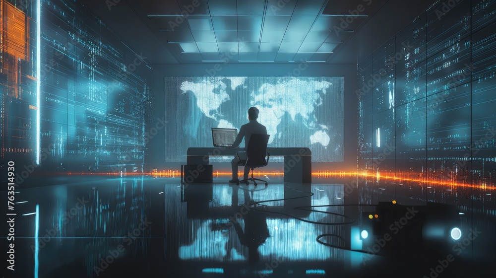 a Saudi IT man working diligently in a cyber room, with him sharply in focus against the backdrop of a blurred IT room, creating a realistic cyber mood.