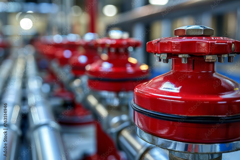Row of Red Valves in Industrial Setting Row of Red Valves in Industrial Setting