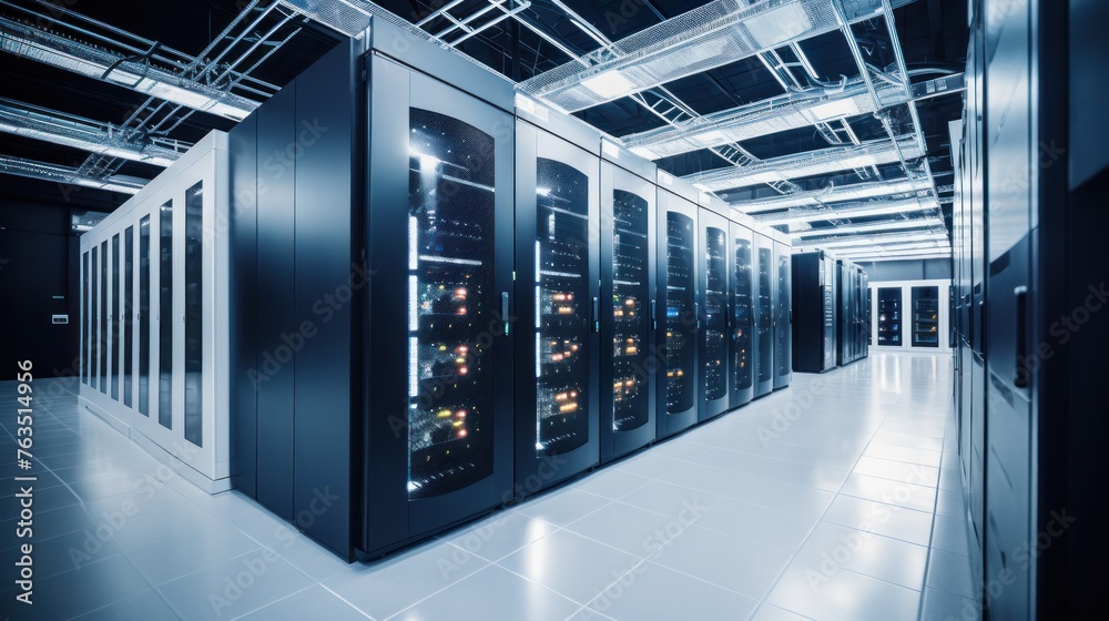 Depict a state of the art data center with rows of server racks, cooling systems, and redundant power supplies Depict a state of the art data center with rows of server racks, cooling systems, and redundant power supplies