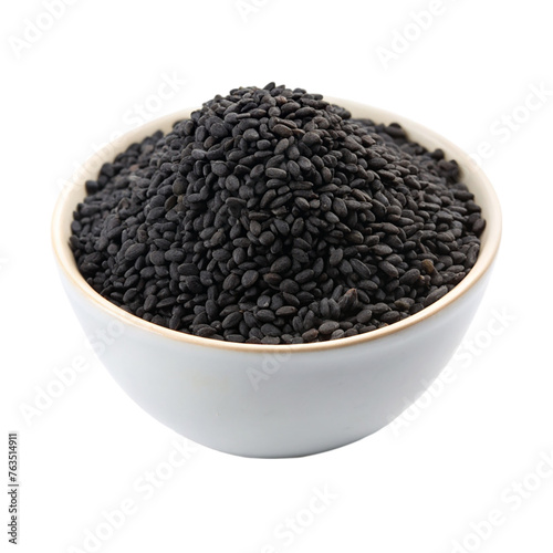 Black cumin seeds in white bowl. isolated on transparent background.