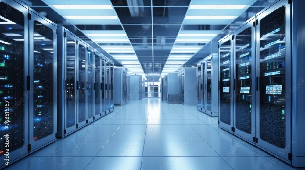 Depict a state of the art data center with rows of server racks, cooling systems, and redundant power supplies Depict a state of the art data center with rows of server racks, cooling systems, and redundant power supplies