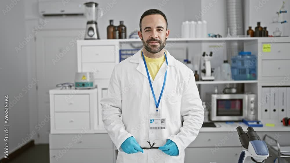 Hispanic scientist man with beard smiling in laboratory wearing lab coat goggles and gloves Hispanic scientist man with beard smiling in laboratory wearing lab coat goggles and gloves