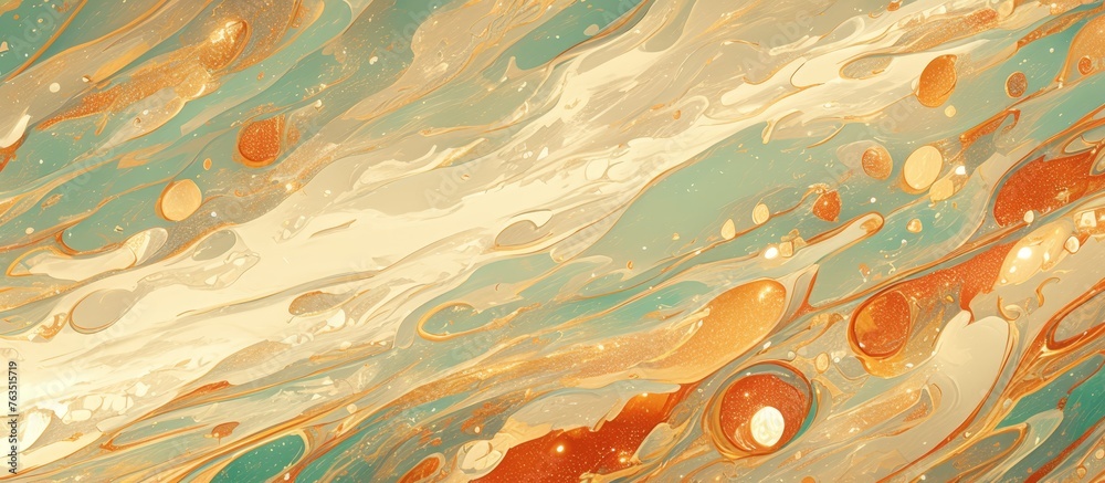 abstract fluid art, swirling colors in peach and gold with hints of blue, with golden glitter in the style of golden glitter.