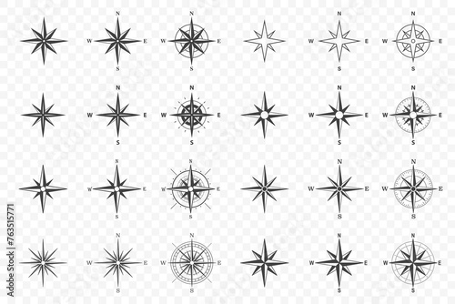 Flat Vector Black Monochrome Wind Rose Symbol  Compass Icon  Design Element Set  Isolated