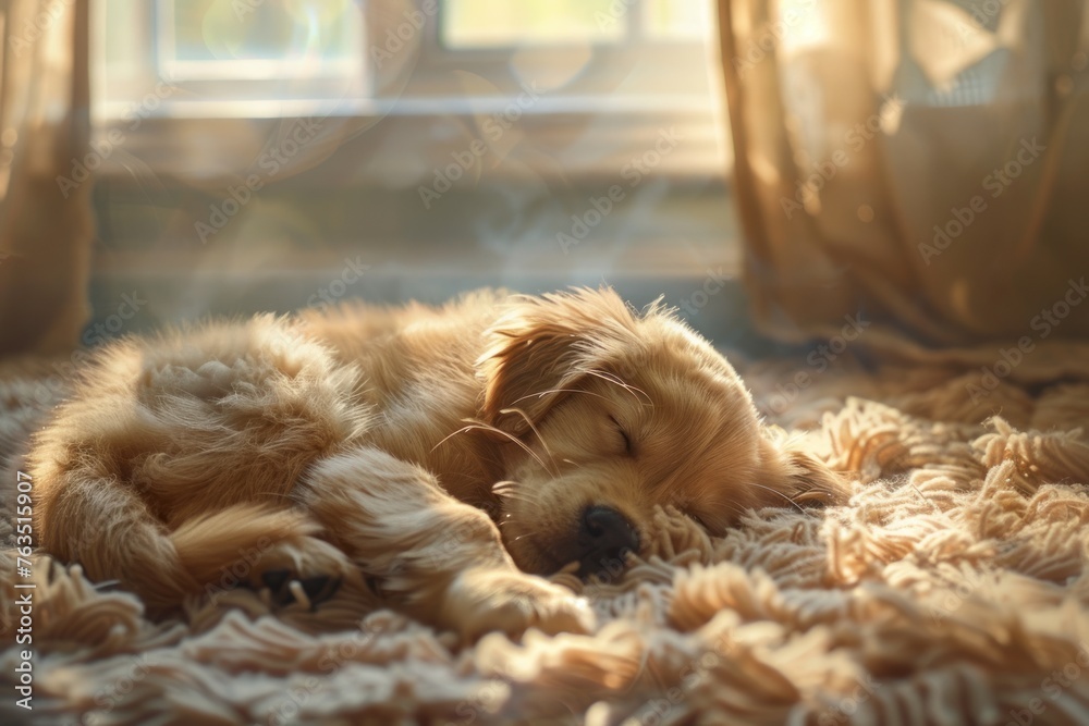 A golden retriever dog is sleeping on a rug. The dog is curled up and ...