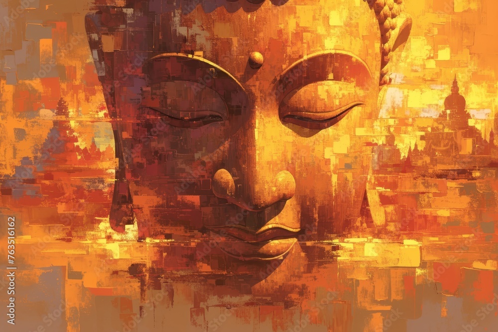 abstract oil painting of buddha face, brown and orange hues 