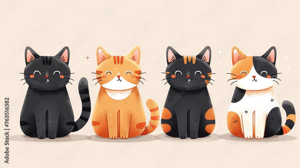 Obraz premium cartoon cats with different patterns and colors standing side by side. Concept: clipart merch template, decoration for children's rooms and parties, illustrations in children's books.