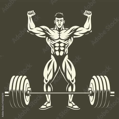 red white black modern style minimalist lines of a strong muscle pose strong body builder anatomy man at gym with bundle Doing exercises in all body positions using different gym equipment