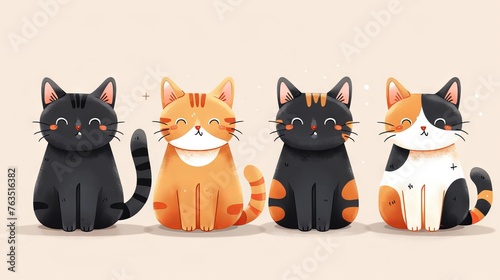 cartoon cats with different patterns and colors standing side by side. Concept: clipart merch template, decoration for children's rooms and parties, illustrations in children's books.