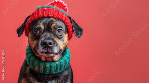 Festive Pet Portrait: Adorable Rottweiler Puppy in Red Winter Hat and Green Scarf, Red Studio Backdrop, Holiday Pet Advert © Matt