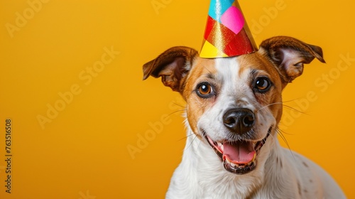 Jack Russell Terrier in Party Hat: Festive Pet Portrait, Yellow Studio Background