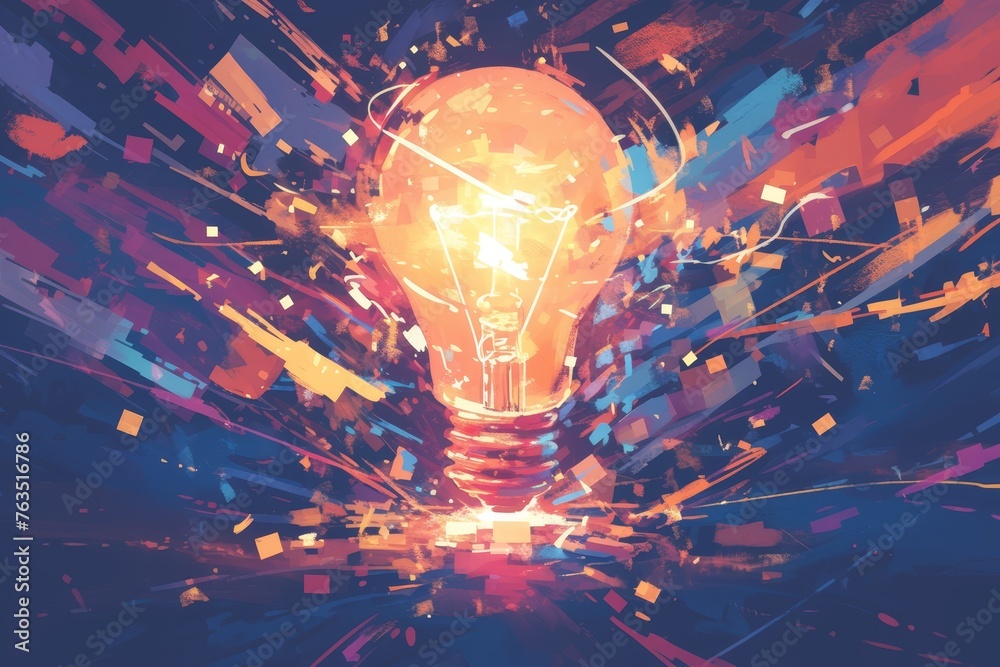 An exploding light bulb with colorful sparks and smoke against a dark background, symbolizing creative energy in digital marketing.  - obrazy, fototapety, plakaty 