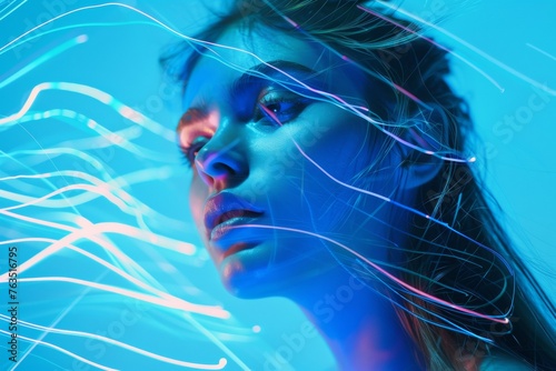 an artistic portrait of a woman's profile on blue 