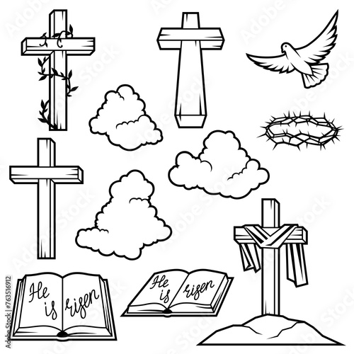 Happy Easter set of items. Background with religious symbol.