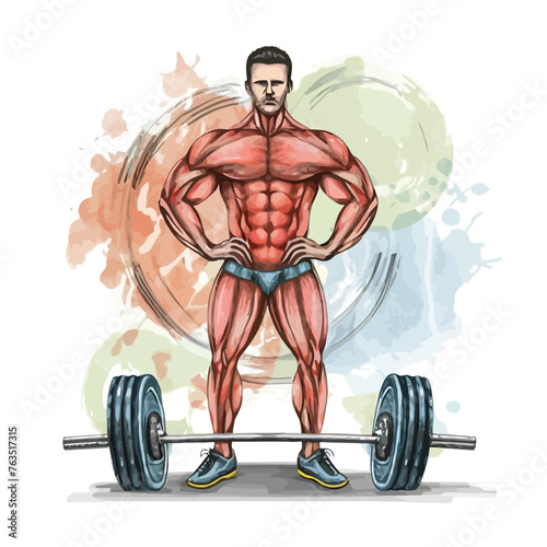 red white black modern style minimalist lines of a strong muscle pose strong body builder anatomy man at gym with bundle Doing exercises in all body positions using different gym equipment