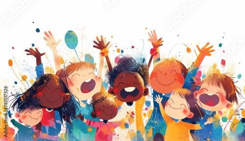 A watercolor illustration of happy laughing children with multicolored paint on their hands, standing in front and raising them up to the sky