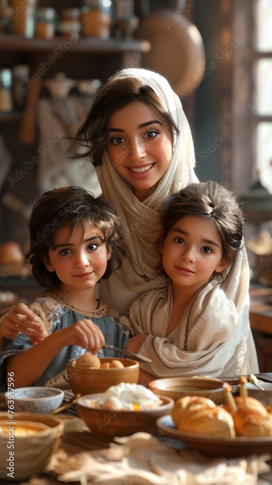 Woman and Two Children Sitting at Table