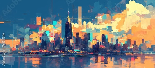 Abstract cityscape with towering skyscrapers, painted in vibrant colors and sharp brushstrokes, reflecting on water. 
