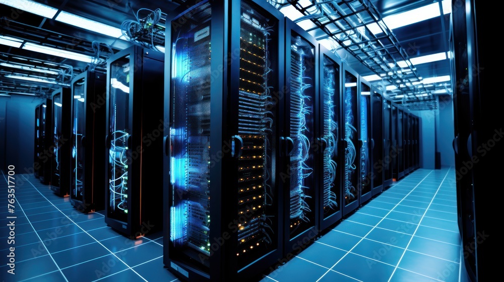 Depict a state of the art data center with rows of server racks, cooling systems, and redundant power supplies