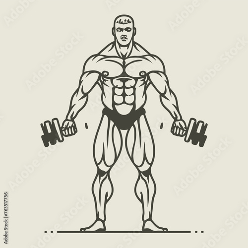 red white black modern style minimalist lines of a strong muscle pose strong body builder anatomy man at gym with bundle Doing exercises in all body positions using different gym equipment