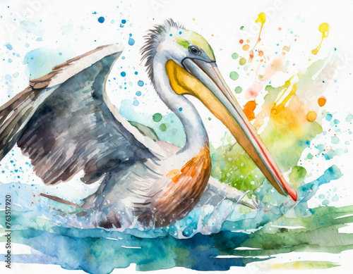A pelican landing on water, in a colorful watercolor style. Generative AI
