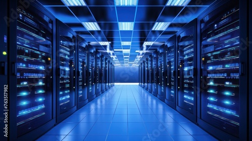 Depict a state of the art data center with rows of server racks, cooling systems, and redundant power supplies