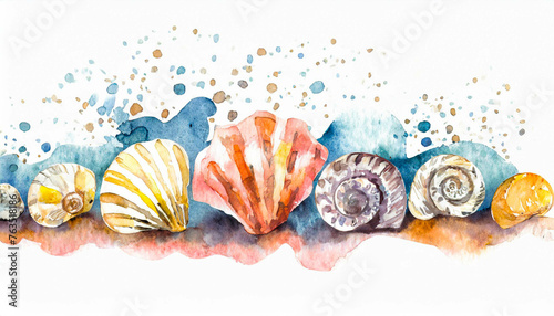 A row of sea shells, in a colorful watercolor style. Generative AI
