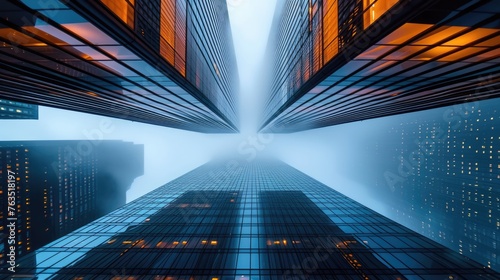 Gazing into the fog  a line of towering skyscrapers emerges. The glass-clad buildings create a parallel and symmetrical ensemble in the bustling metropolitan area. AIG41