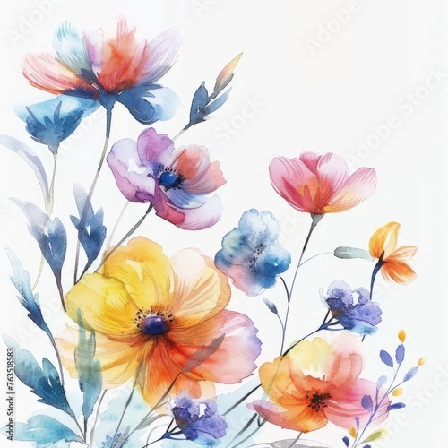 A vibrant painting featuring an array of colorful flowers set against a clean white backdrop
