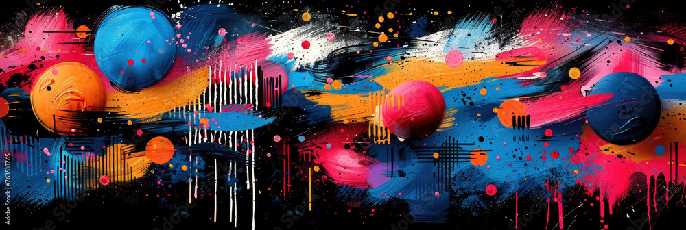 Abstract banner background of the maximalist design trend of the year in bright colors on a dark background. Strokes of paint. - obrazy, fototapety, plakaty 