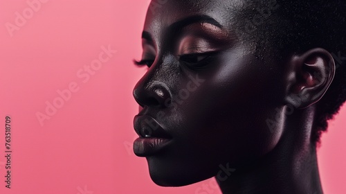 Side-On Portrait of African Model with Makeup  Pink Studio Background  Space for Text  Advert and Beauty Education Resource