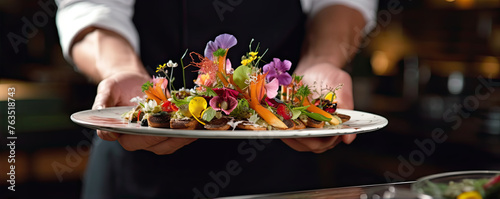 Chef hands with perfect stylist or decorative food on white plate.