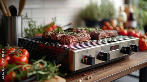 electric grill with tasty steaks and tomatoes on table