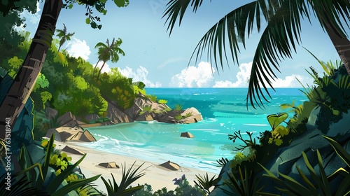Caribbean tropical coast landscape, beach seascape paradise with palm trees