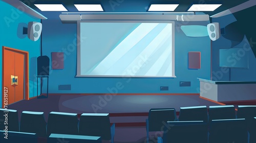 empty conference hall illustration; projector screen with speakers photo