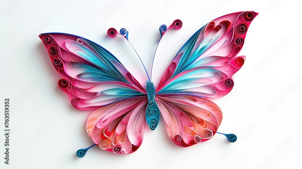 beautiful detailed bright pink and blue butterfly , made in quilling style, white background beautiful detailed bright pink and blue butterfly , made in quilling style, white background