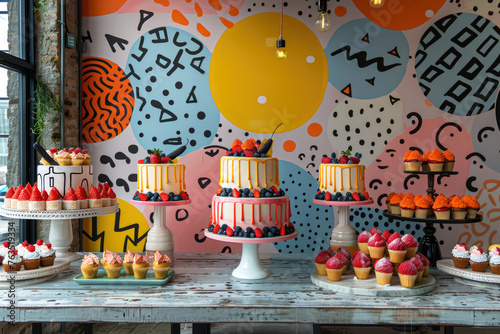 Abstract background card with cakes and pastries in a maximalistic bold design very colorful.
