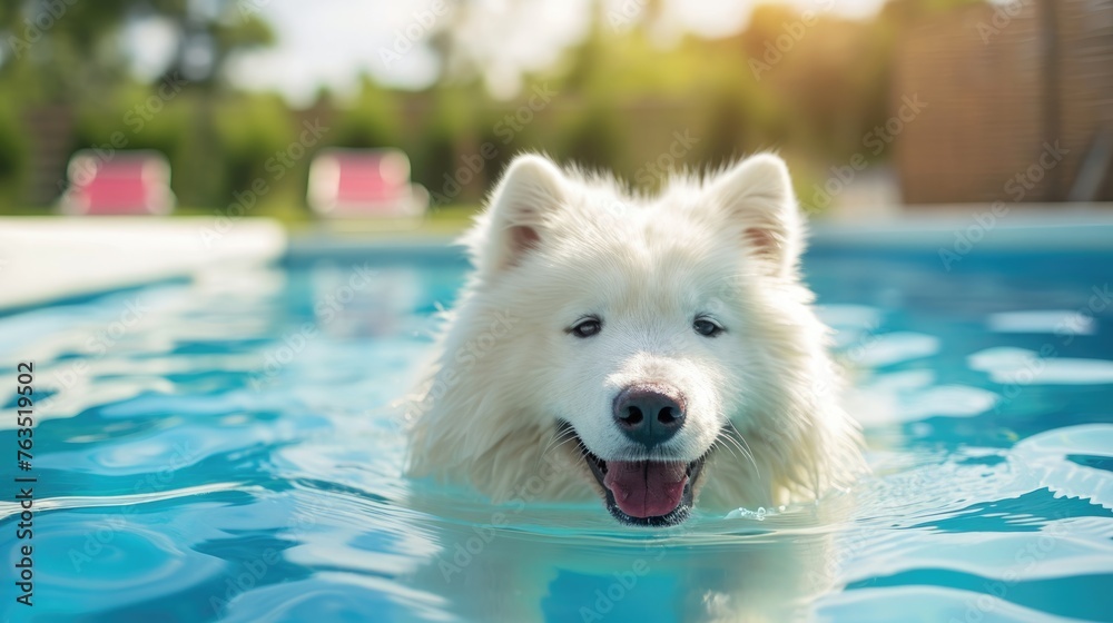 Naklejka premium dog bathing in pool, happy summer bathing