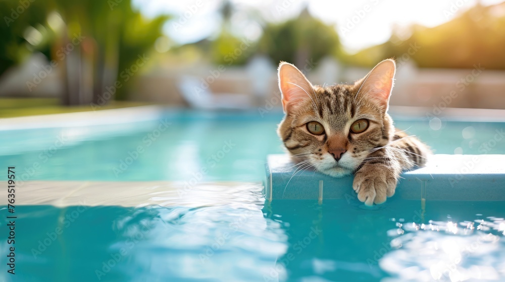 happy relaxed cat, poking out his head from the pool, summer yard on background happy relaxed cat, poking out his head from the pool, summer yard on background