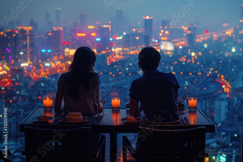 A romantic couple enjoys a candlelit dinner with the stunning cityscape of towering skyscrapers as their backdrop, adding to the magic of the night and the glow of their clothing under the warm outdo