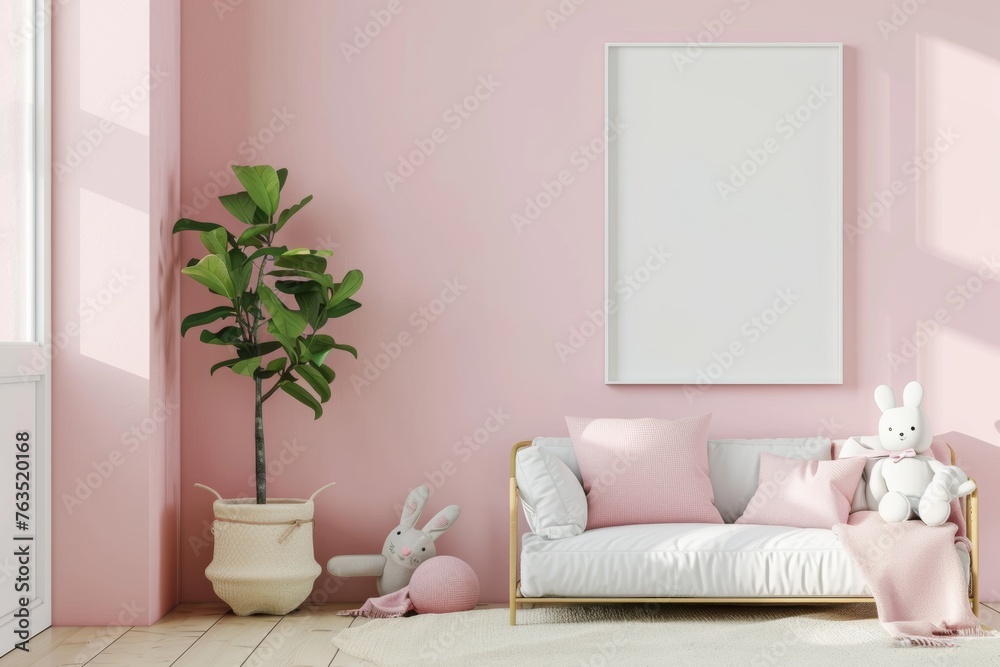 interior of kid room with mock up poster frame, design furnitures, natural toys, interior of kid room with mock up poster frame, design furnitures, natural toys,