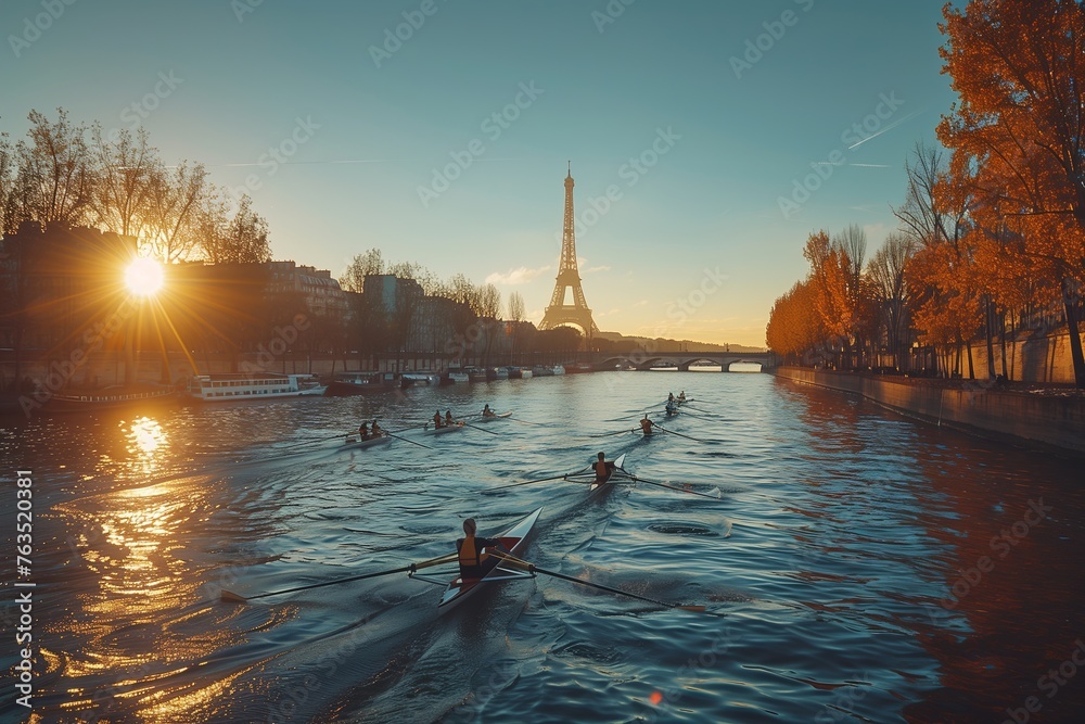 As the sun sets on the tranquil river, a group of rowers glide through the waterway surrounded by towering trees, basking in the warm glow of the sunrise - obrazy, fototapety, plakaty 