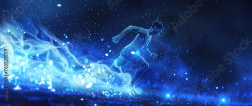 Striking digital art of a female runner, depicted with a burst of blue energy trails in a night city setting © Nikola