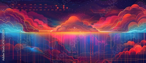 Abstract digital background with clouds and binary code, symbolizing the integration of cloud technology in IT evolution Generative AI